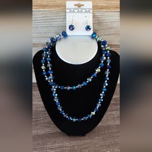 Blue iridescent beaded necklace and earring set.